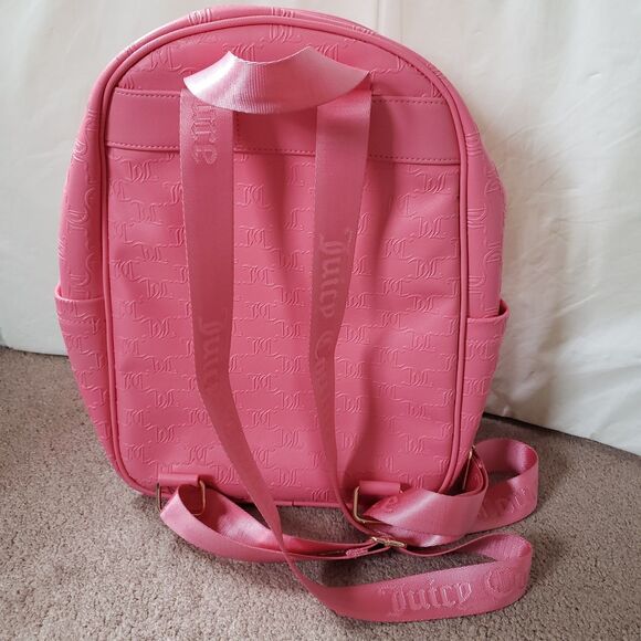 Juicy Couture Word Play Pink Backpack Pockets Silky Straps Logo Pattern Medium - Picture 3 of 8
